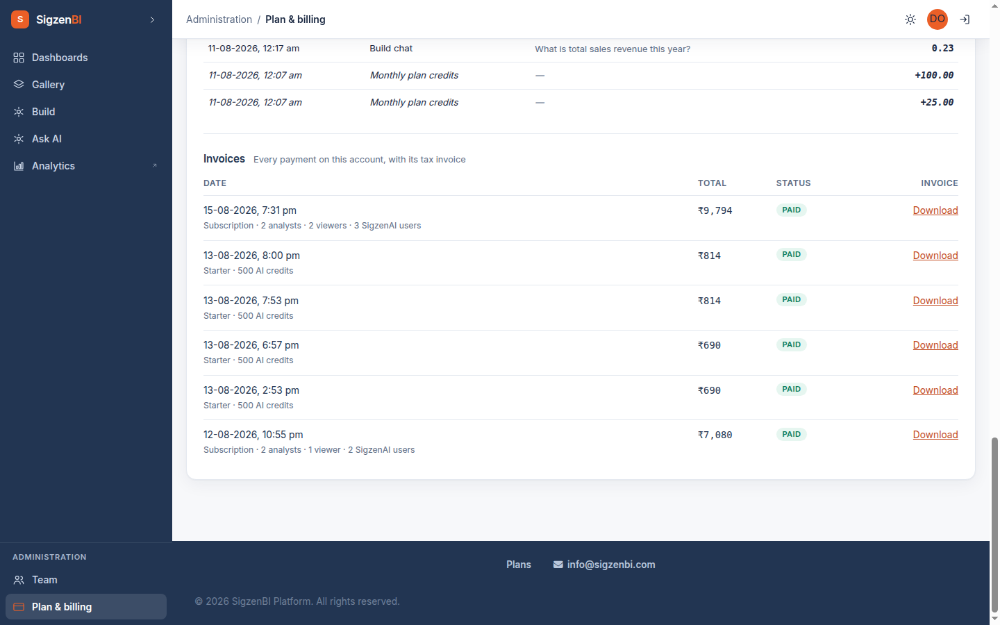 Every payment with its downloadable tax invoice